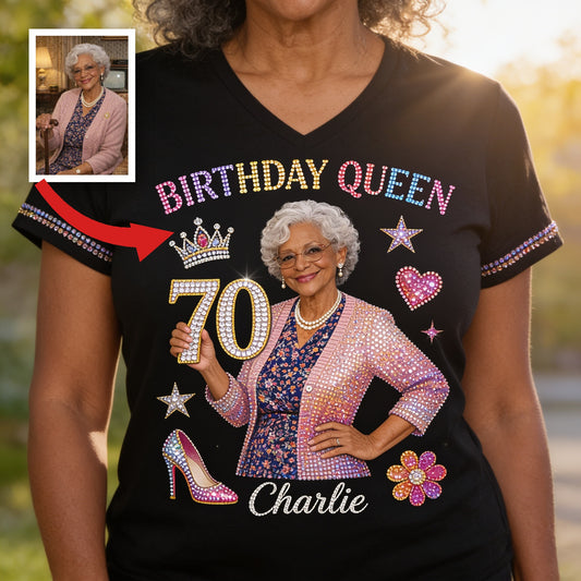 Personalized 70th Birthday Older Black Woman V-Neck T-Shirt Gift
