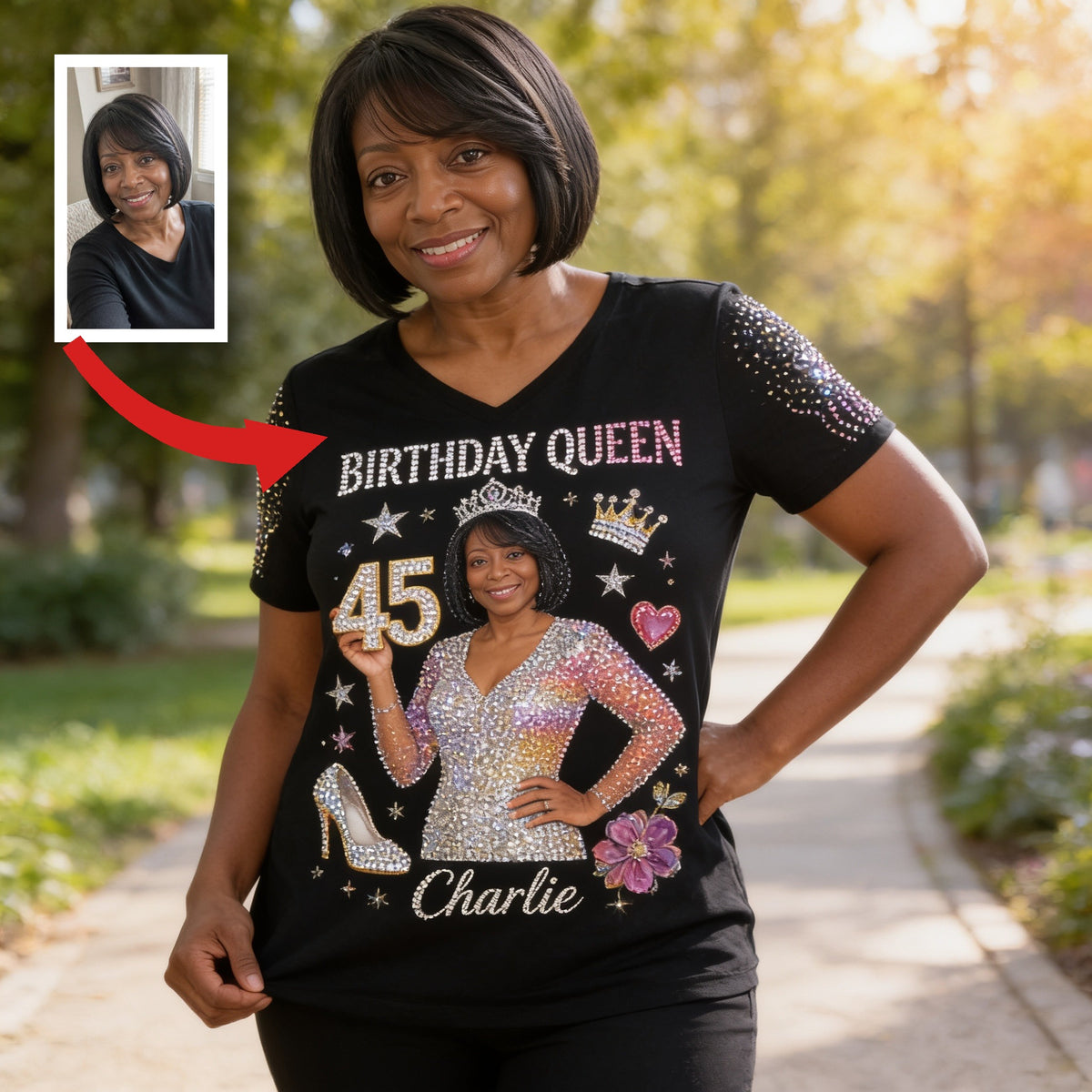 Personalized 45th Birthday Middle-Aged Black Woman V-Neck T-Shirt Gift