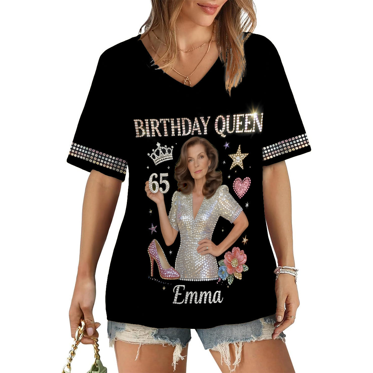 Personalized 70th Birthday Older Latina Woman V-Neck T-Shirt Grandma Gift