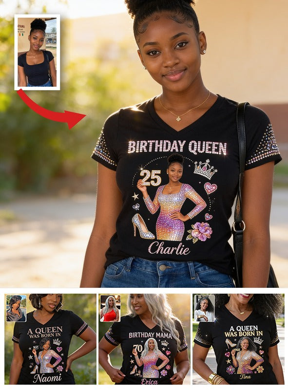 Personalized 25th Birthday Black Woman V-Neck T-Shirt Gift For Her