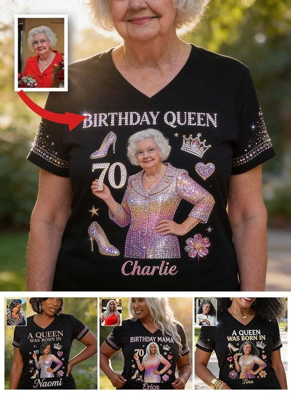 Personalized 70th Birthday Older Woman V-Neck T-Shirt Gift