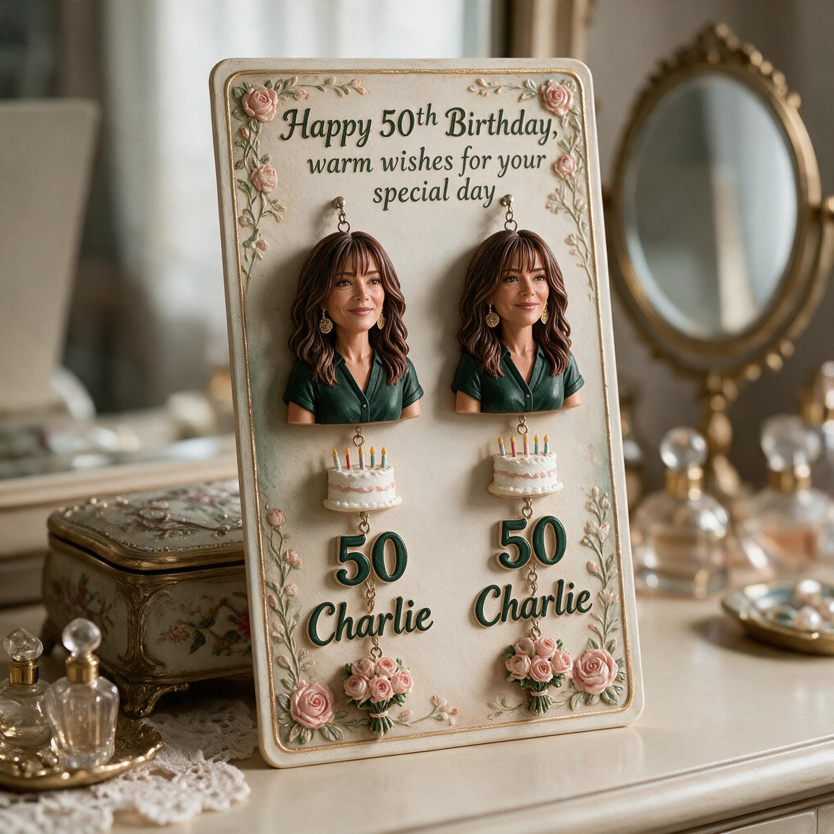 Personalized 50th Birthday Middle-Aged Latina Woman Earrings with Display Card Gift for Mom Wife Grandma