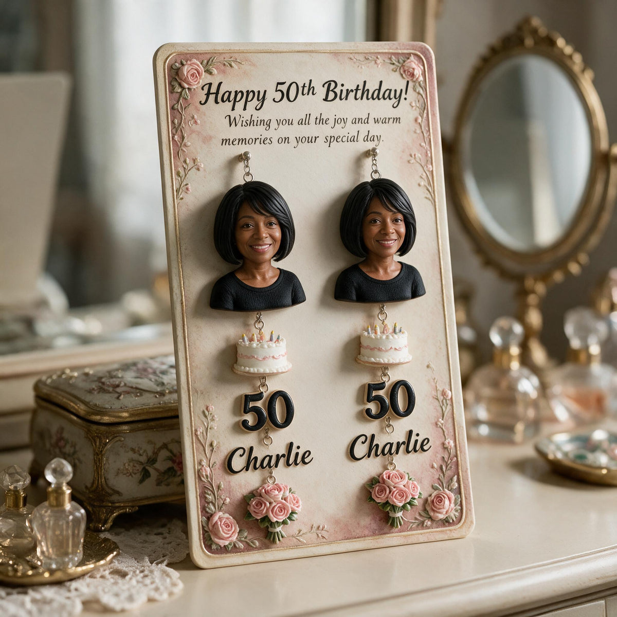 Personalized 50th Birthday Middle-Aged Black Woman Earrings with Display Card Gift