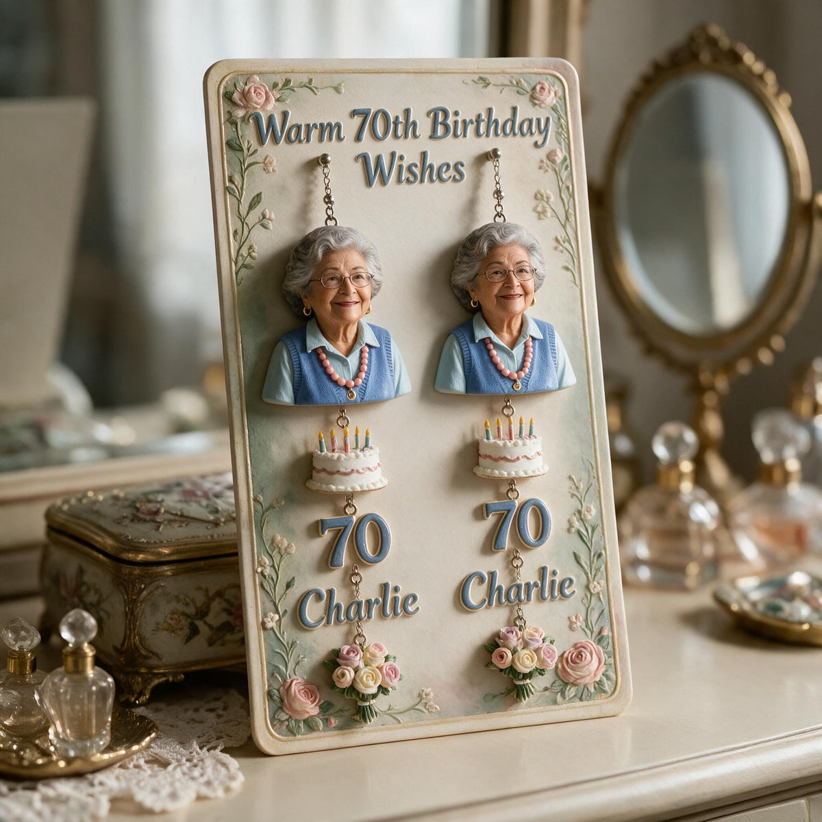 Boucles d'oreilles personnalisées pour le 70e anniversaire d'une femme latina avec carte, cadeau pour grand-mère, maman, épouse