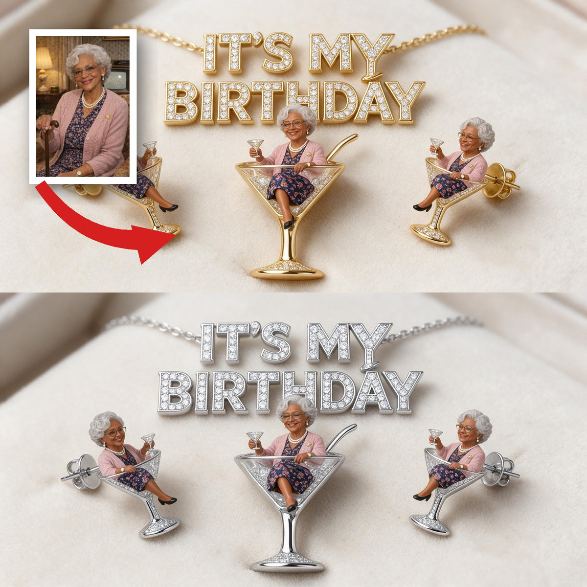 Personalized 70th Birthday Older Black Woman Pendant Necklace & Stud Earrings