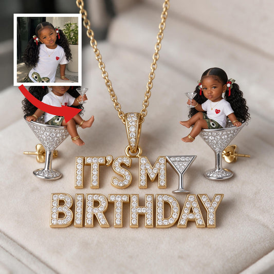 Personalized Birthday Black Little Girl Pendant Necklace & Stud Earrings Gift Set