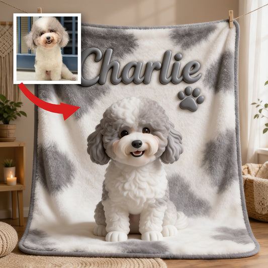 Personalized Curly Fur White Grey Poodle Dog Blanket Pet Lover Gift