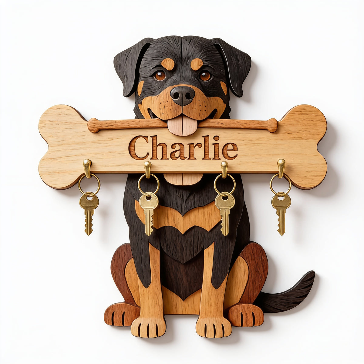 Porte-clés en bois personnalisé Rottweiler noir et feu pour les amoureux des chiens