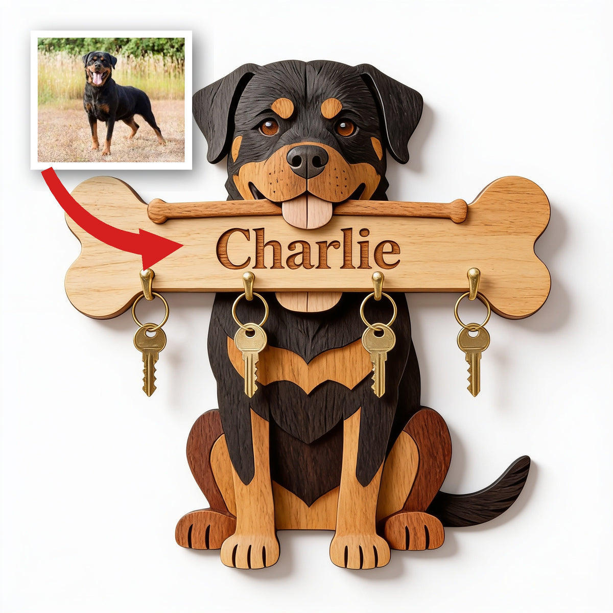 Porte-clés en bois personnalisé Rottweiler noir et feu pour les amoureux des chiens