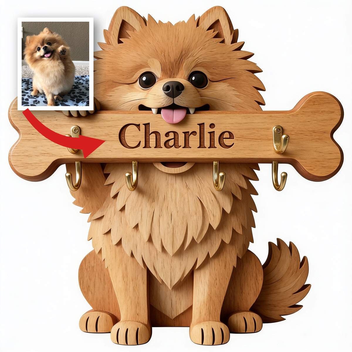 Personalized Fluffy Golden Tan Pomeranian Wooden Key Rack Dog Lover Gift