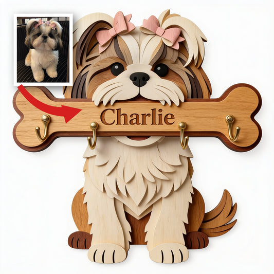 Personalized Fluffy Shih Tzu Wooden Key Rack Custom Wall Hanging Organizer