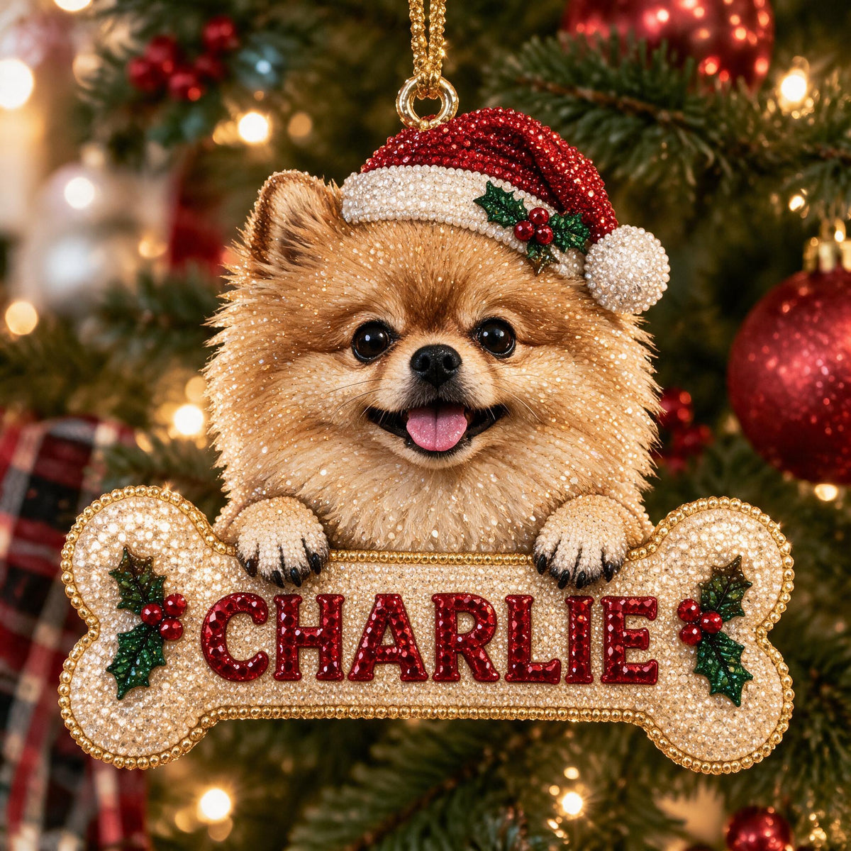Personalized Christmas Fluffy Golden Tan Pomeranian Diamond Painting Ornament Kit