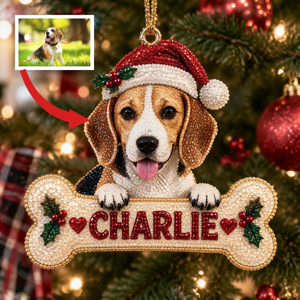 Personalized Christmas Tricolor Adult Beagle Diamond Painting Ornament Kit