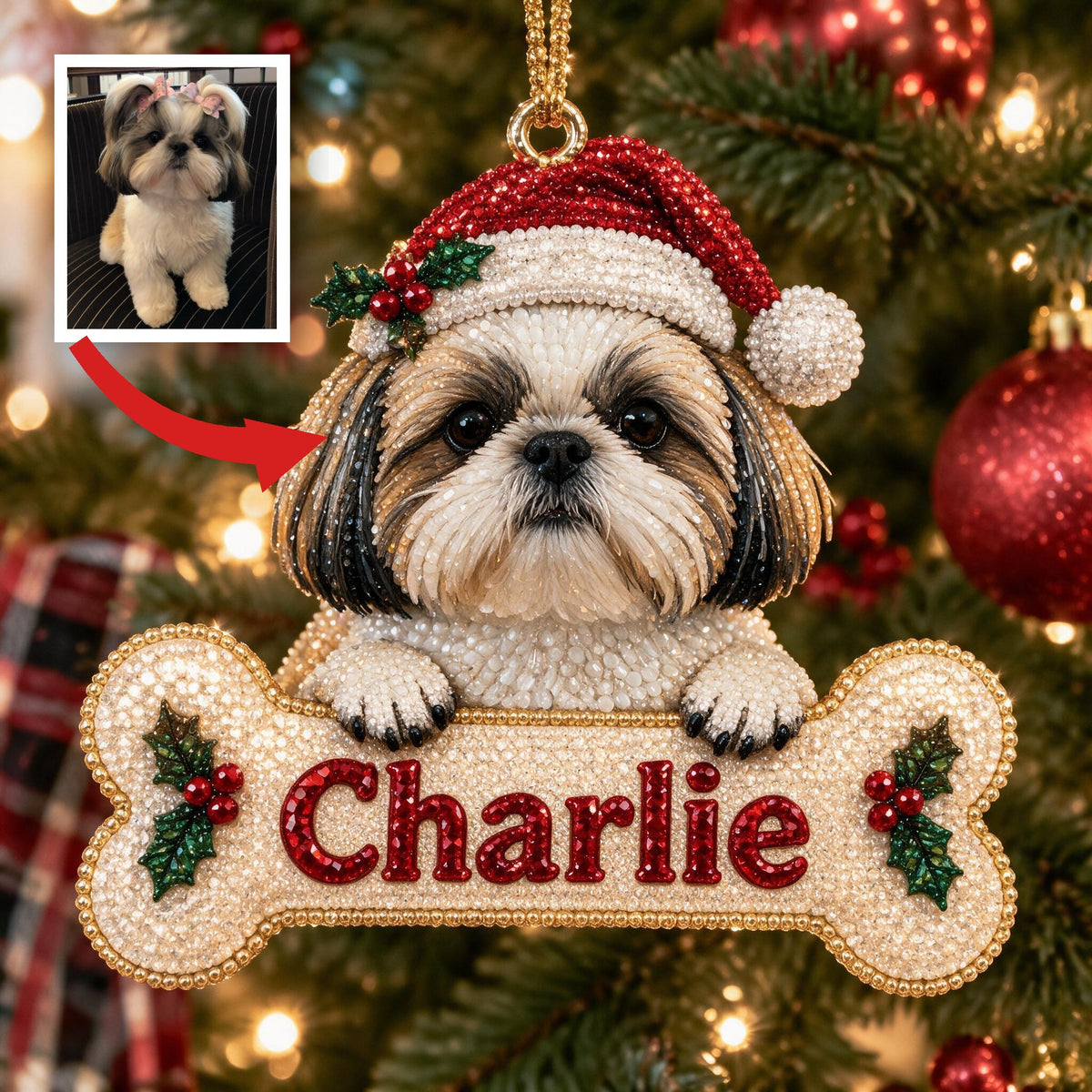Personalized Christmas Fluffy Shih Tzu Diamond Painting Ornament Kit