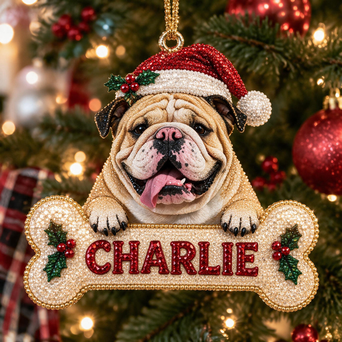 Personalized Christmas Fawn White Bulldog Diamond Painting Ornament Kit