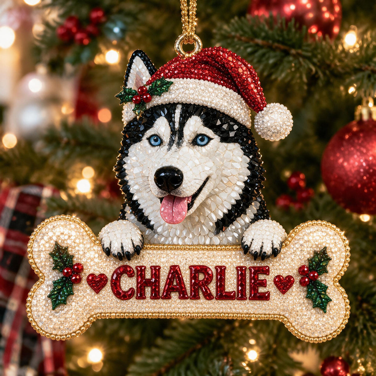 Personalized Christmas Siberian Husky Diamond Painting Ornament Kit