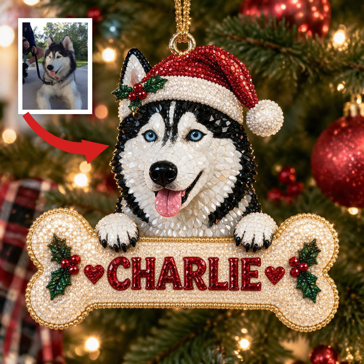 Personalized Christmas Siberian Husky Diamond Painting Ornament Kit