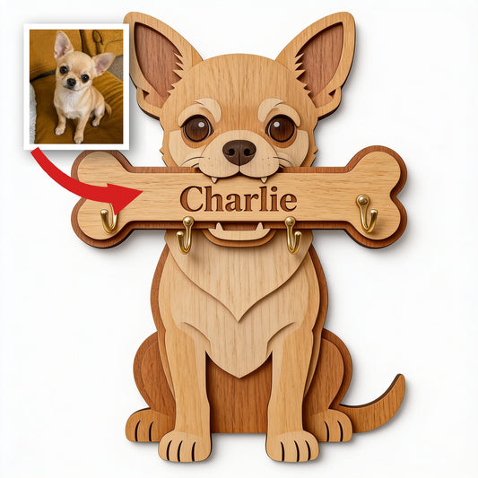 Personalized Fawn White Chihuahua Wooden Key Rack Wall Hanging Pet Owner Gift