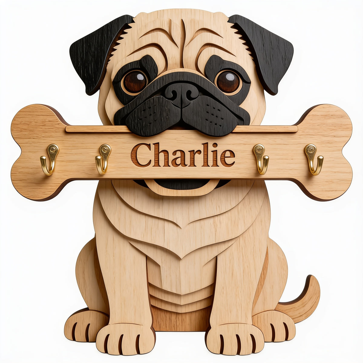 Personalized Fawn Pug Wooden Key Rack Wall Hanger Dog Lover Gift
