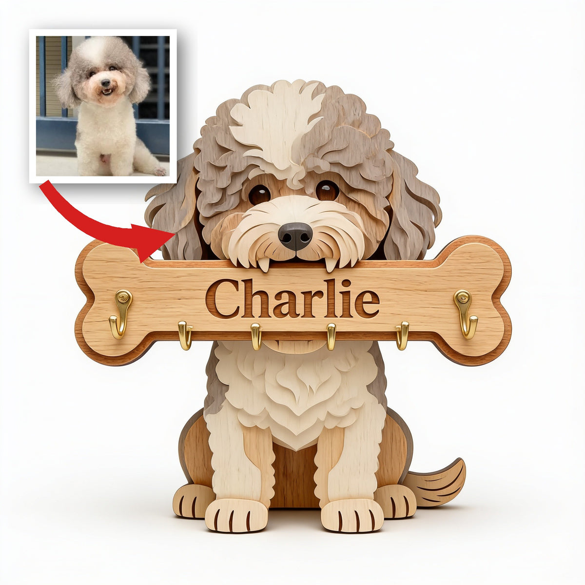 Porte-clés mural en bois personnalisé avec Poodle en fourrure bouclée