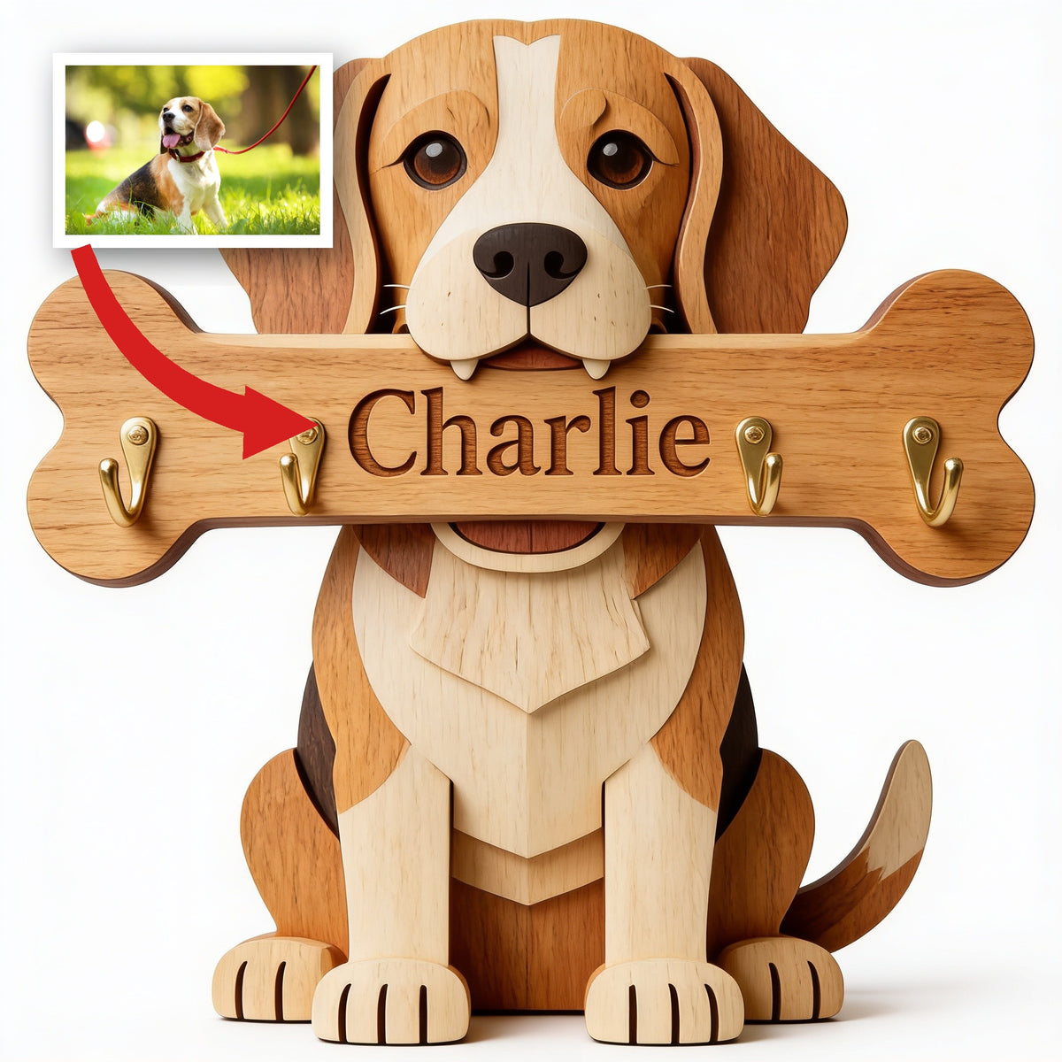 Personalized Tricolor Adult Beagle Shaped Wooden Key Rack Pet Lover Gift