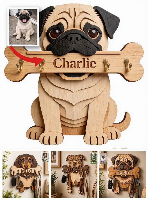 Personalized Fawn Pug Wooden Key Rack Wall Hanger Dog Lover Gift