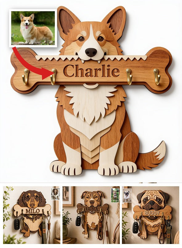 Personalized Tan and White Pembroke Welsh Corgi Wooden Key Rack Wall Decor