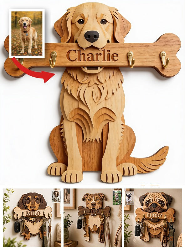 Personalized Golden Retriever Wooden Key Rack Wall Hanger Dog Owner Gift