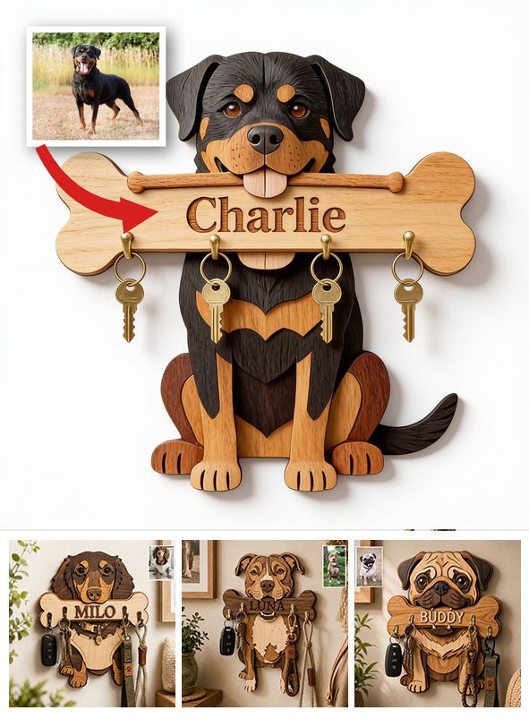 Porte-clés en bois personnalisé Rottweiler noir et feu pour les amoureux des chiens