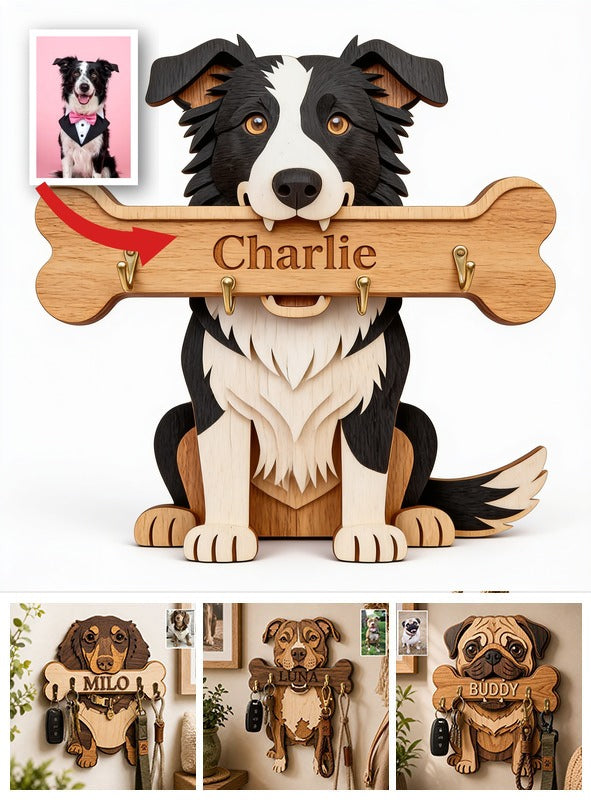 Personalized Black and White Border Collie Wooden Key Rack Dog Lover Gift