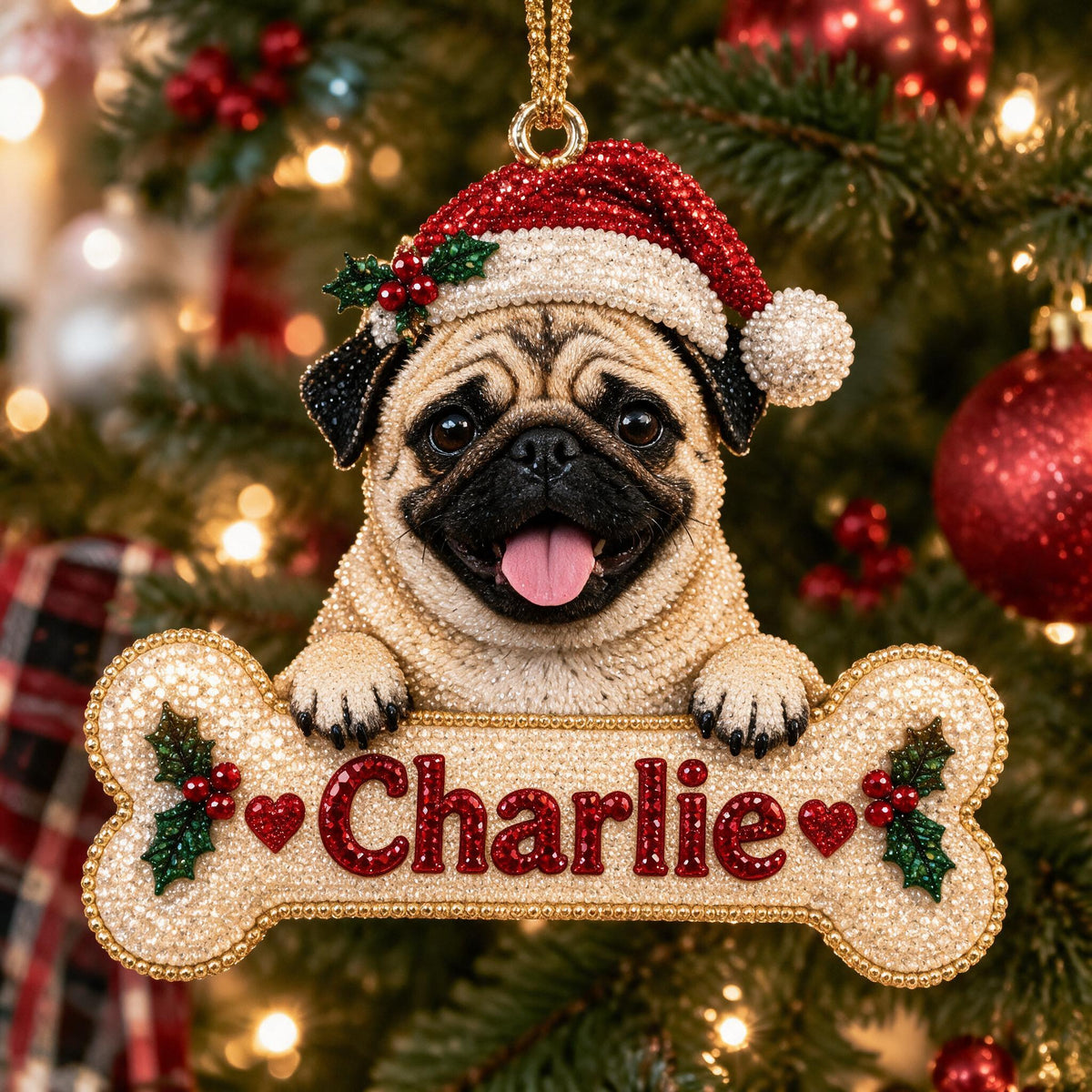 Personalized Christmas Fawn Pug Puppy Diamond Painting Ornament Kit