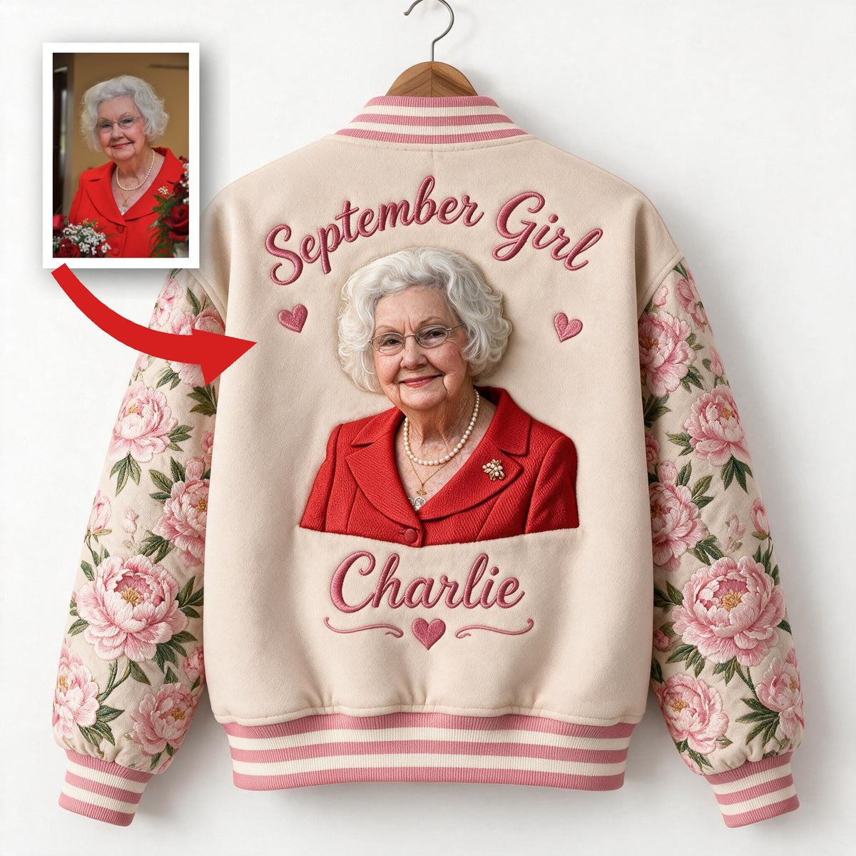 Personalized Older Woman Floral Varsity Jacket Gift for Mom Grandma Wife
