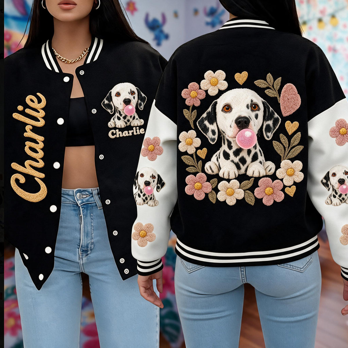 Personalized Black and White Spotted Dalmatian Varsity Jacket Dog Lover Gift