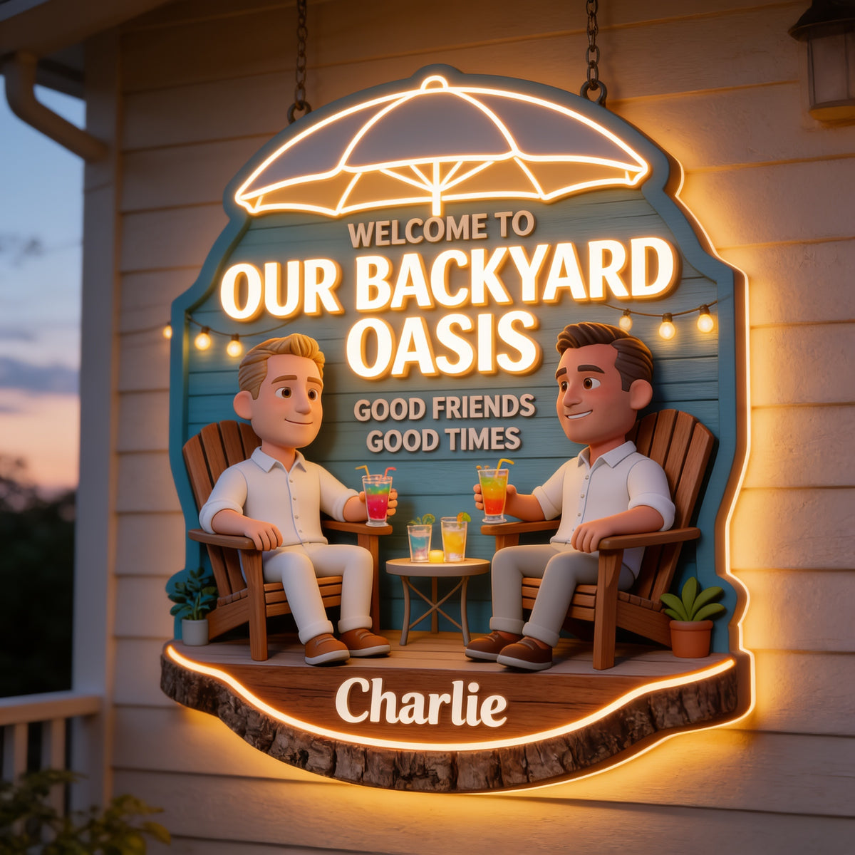 Personalized Gay Couple Backyard Oasis LED Acrylic Sign, Patio Home Decor