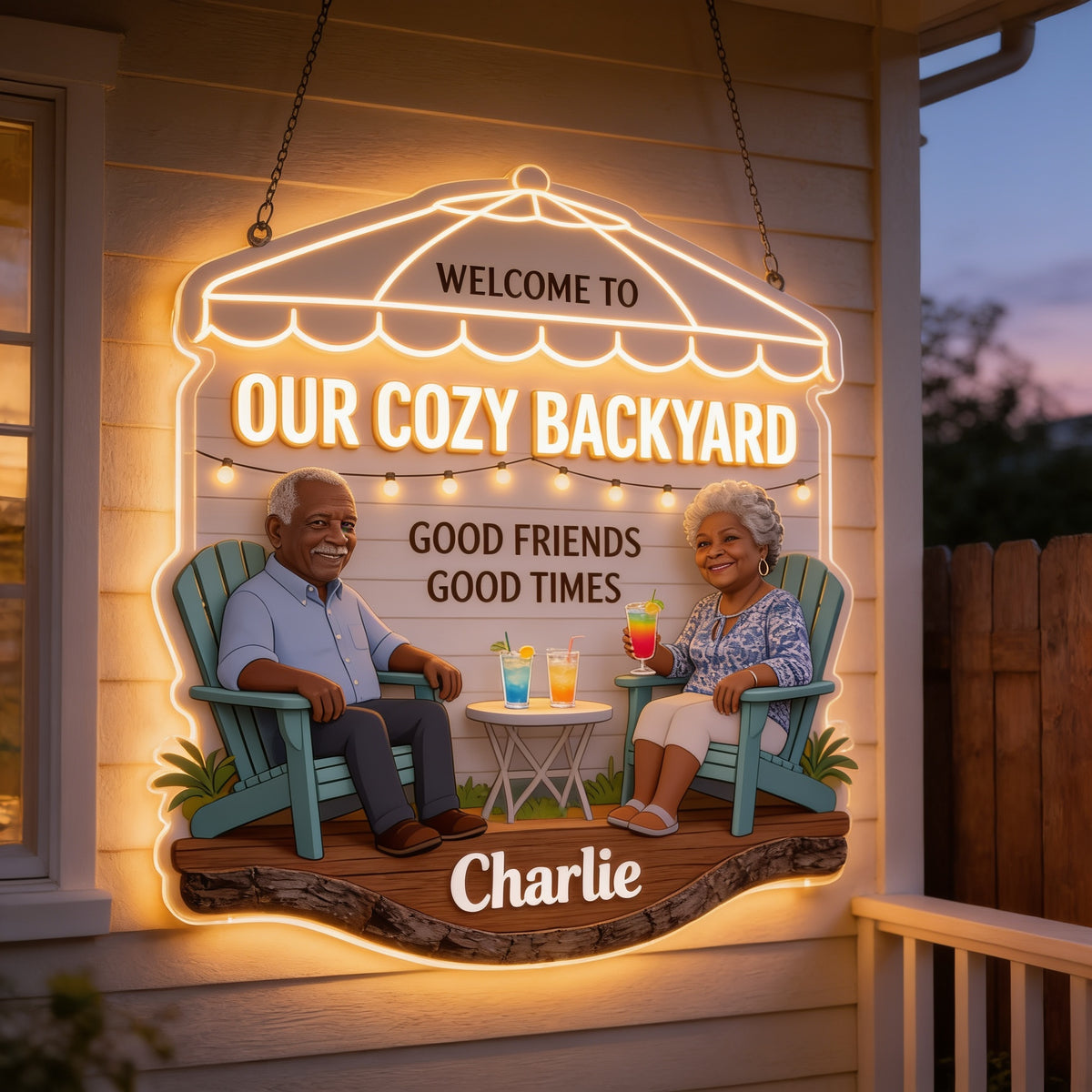 Personalized Older Black Couple Backyard LED Light Acrylic Sign Patio Home Decor
