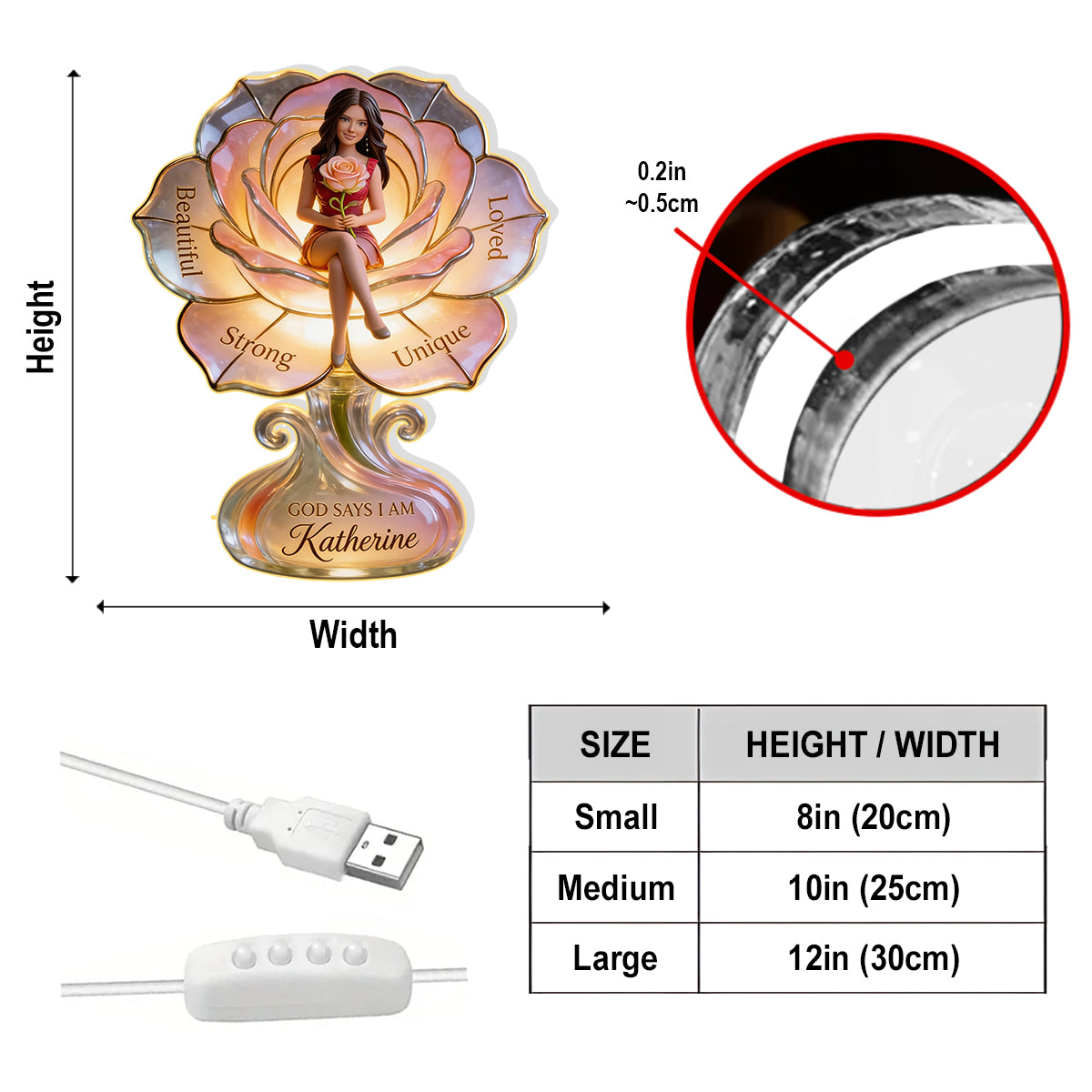 Personalized Latina Woman Acrylic LED Night Light Self Love Gift
