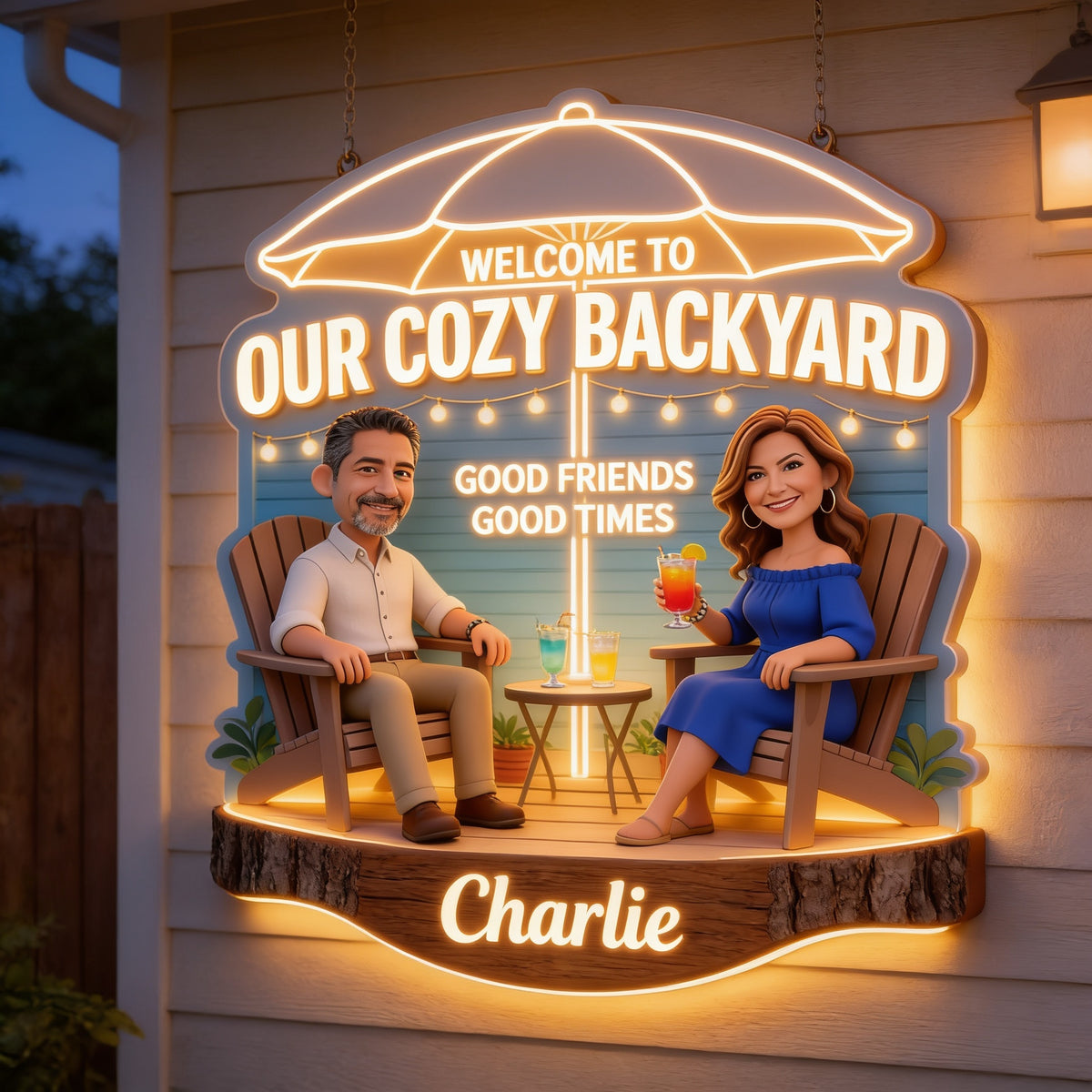 Personalized Middle-Aged Latino Couple Backyard LED Acrylic Sign Patio Decor