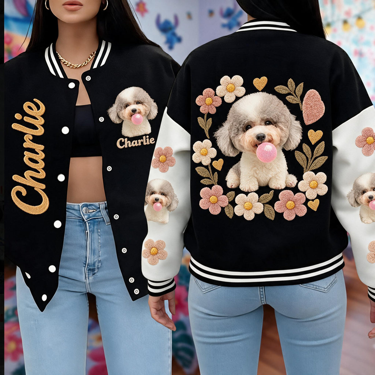 Personalized Adult Curly Fur Poodle Varsity Jacket Dog Owner Gift