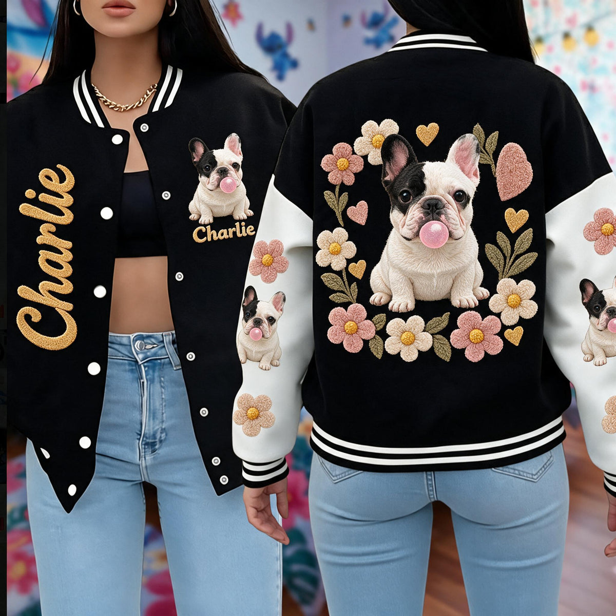 Personalized Black and White French Bulldog Varsity Jacket Dog Owner Gift