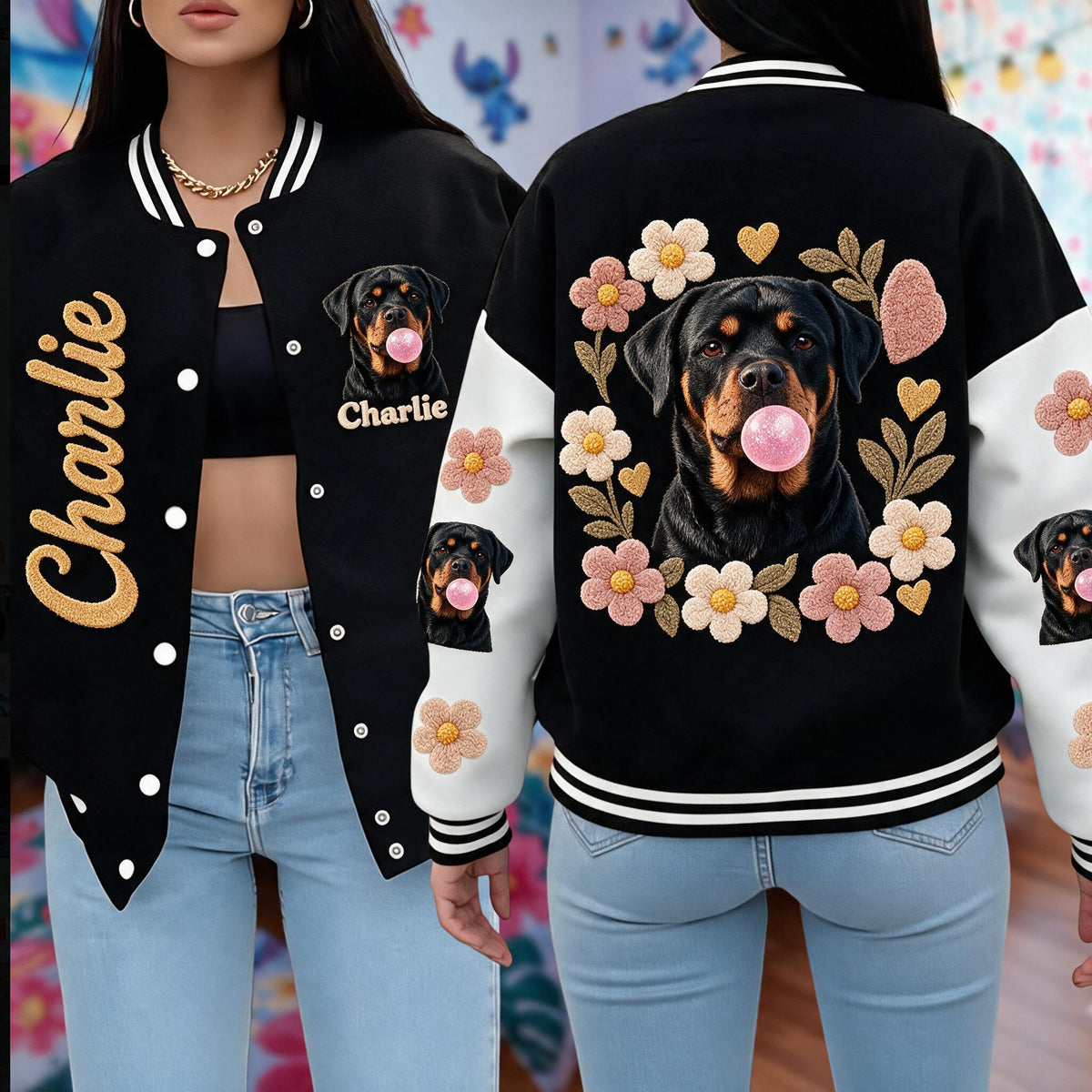 Personalized Black and Tan Adult Rottweiler Varsity Jacket Dog Owner Gift