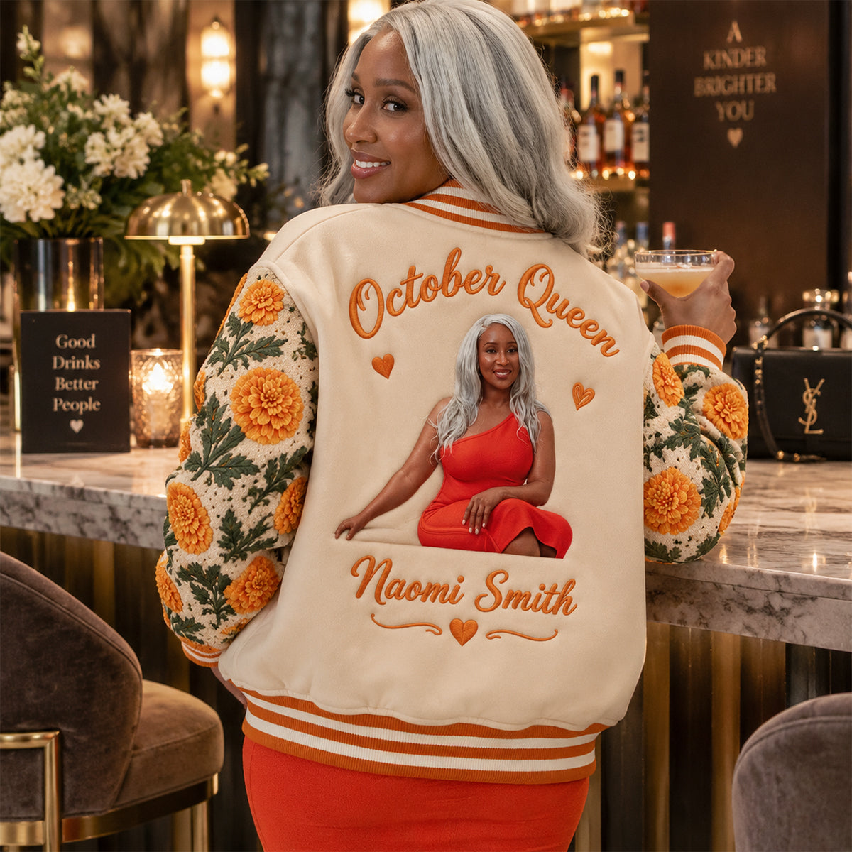 Personalized Middle-Aged Black Woman Floral Varsity Jacket Custom Portrait Gift