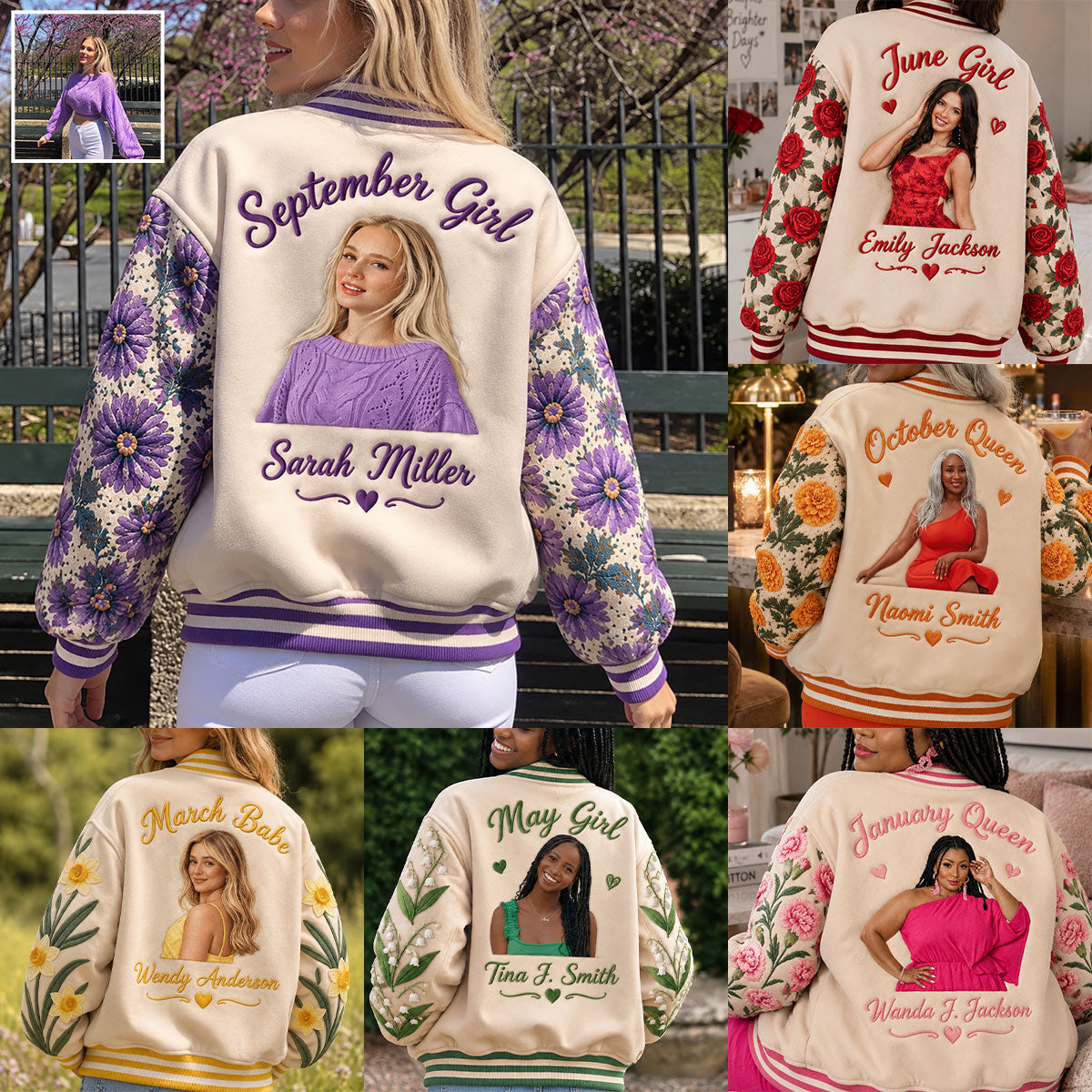 Personalized Middle-Aged Black Woman Floral Varsity Jacket Custom Portrait Gift