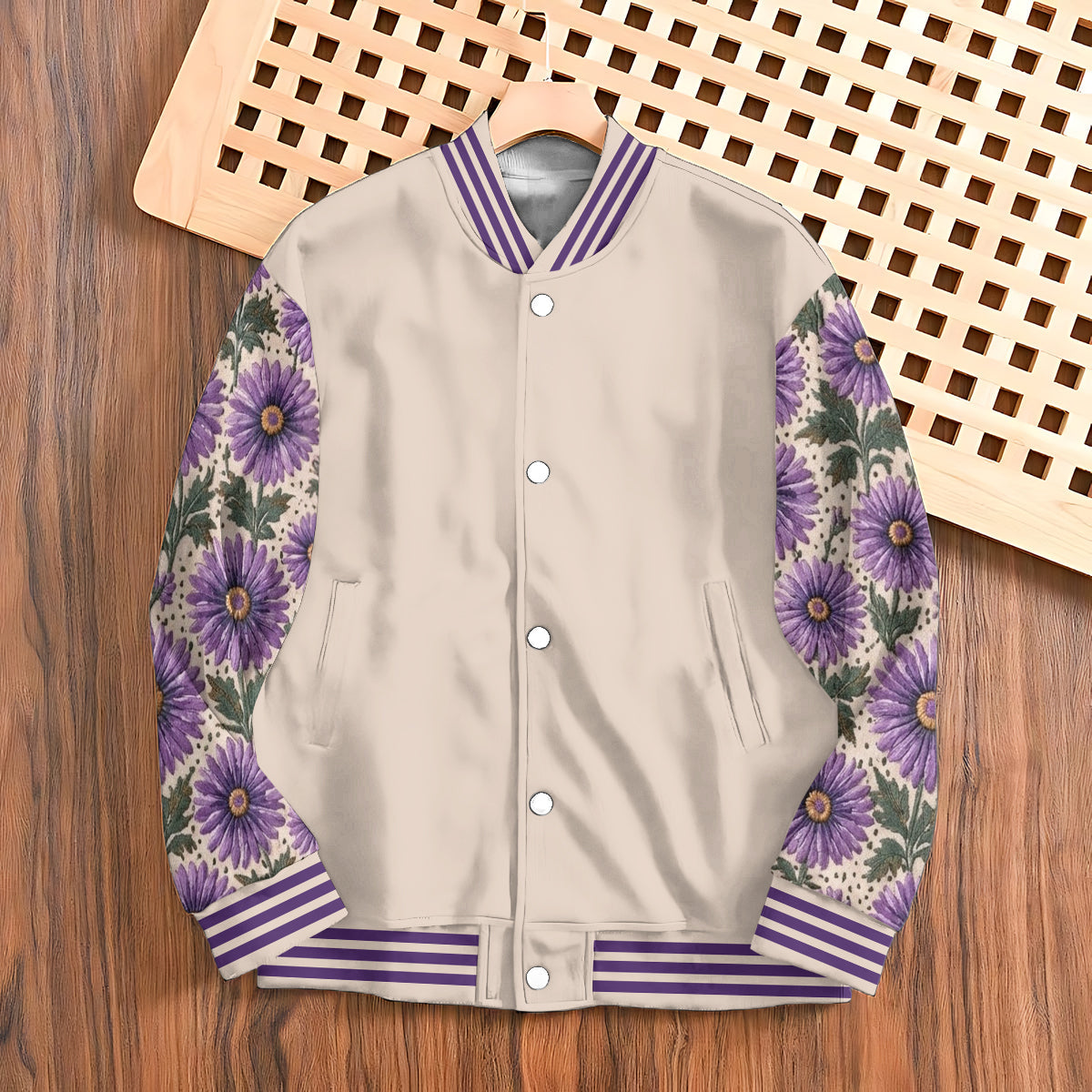 Personalized Middle-Aged Black Woman Floral Varsity Jacket Custom Portrait Gift