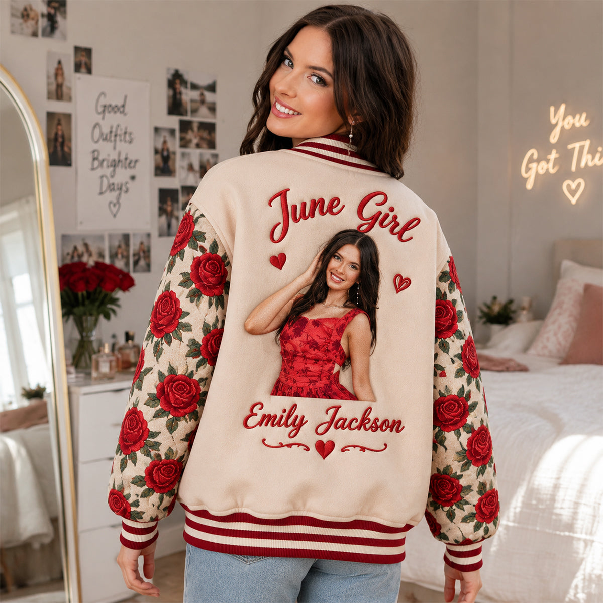 Personalized Middle-Aged Black Woman Floral Varsity Jacket Custom Portrait Gift