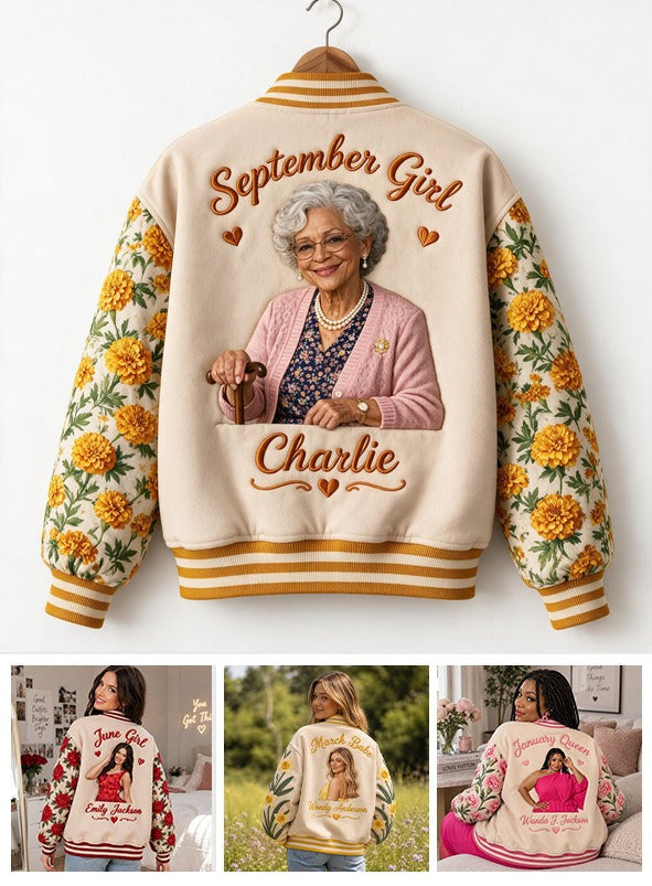 Personalized Older Black Woman Floral Varsity Jacket, Custom Grandma Gift