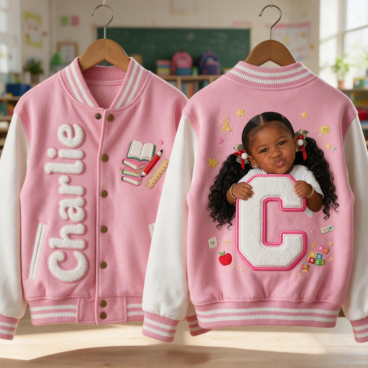 Personalized Black Little Girl Custom Name Varsity Jacket, Daughter Granddaughter Niece Gift
