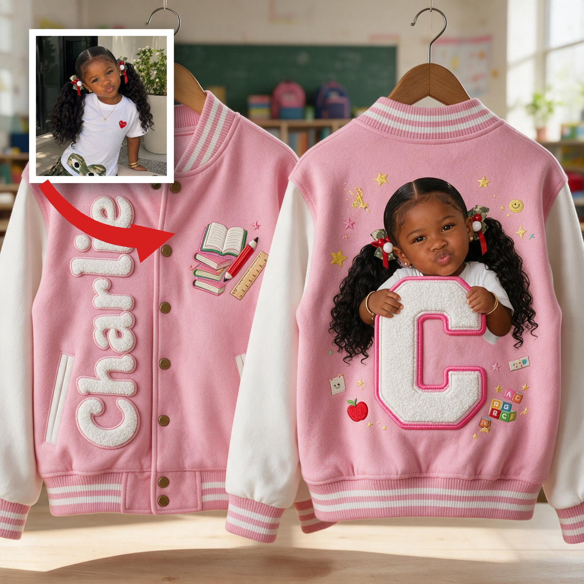 Personalized Black Little Girl Custom Name Varsity Jacket, Daughter Granddaughter Niece Gift
