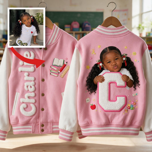 Personalized Black Little Girl Custom Name Varsity Jacket, Daughter Granddaughter Niece Gift
