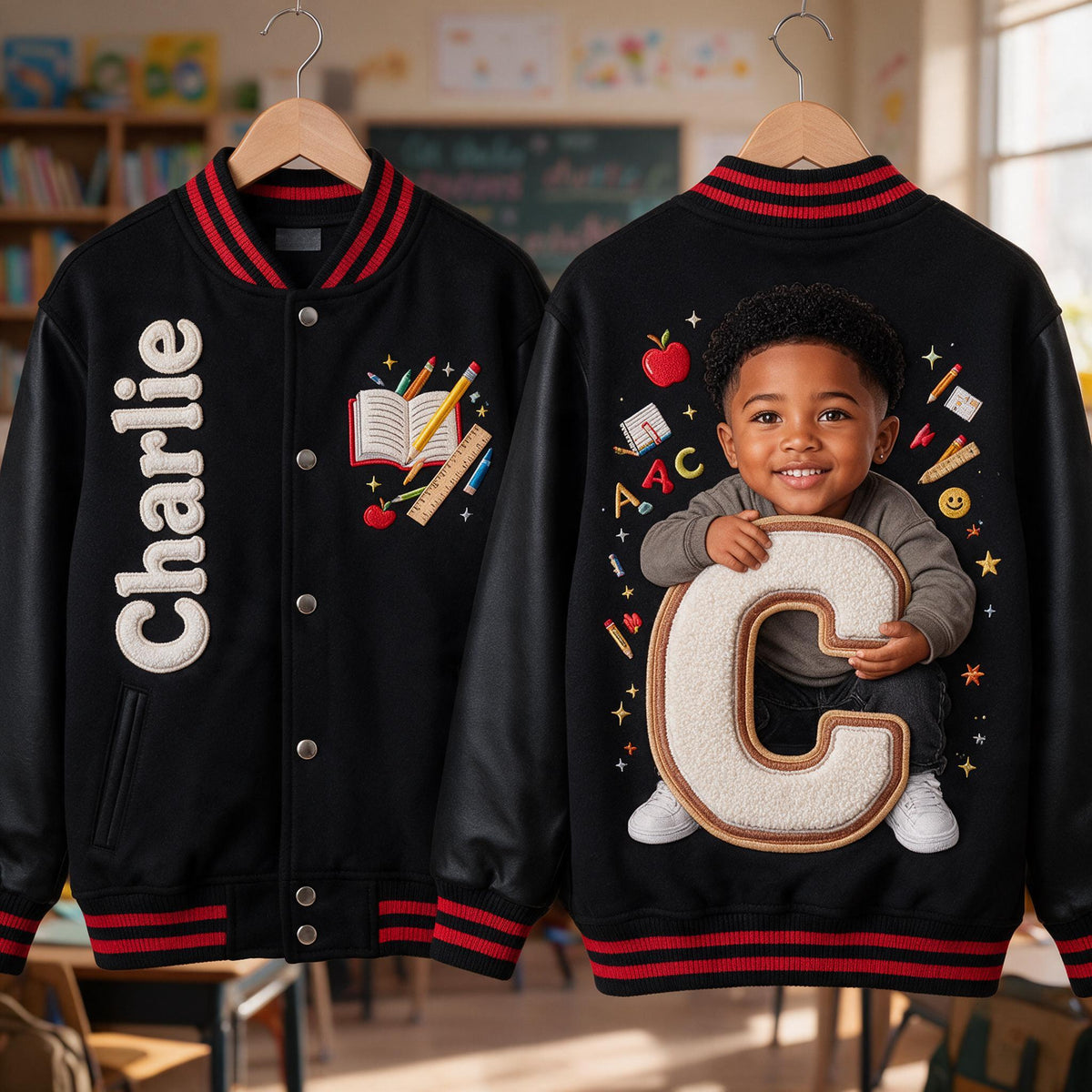 Personalized Black Little Boy Custom Alphabet Varsity Jacket, Kid Gift for Son Grandson