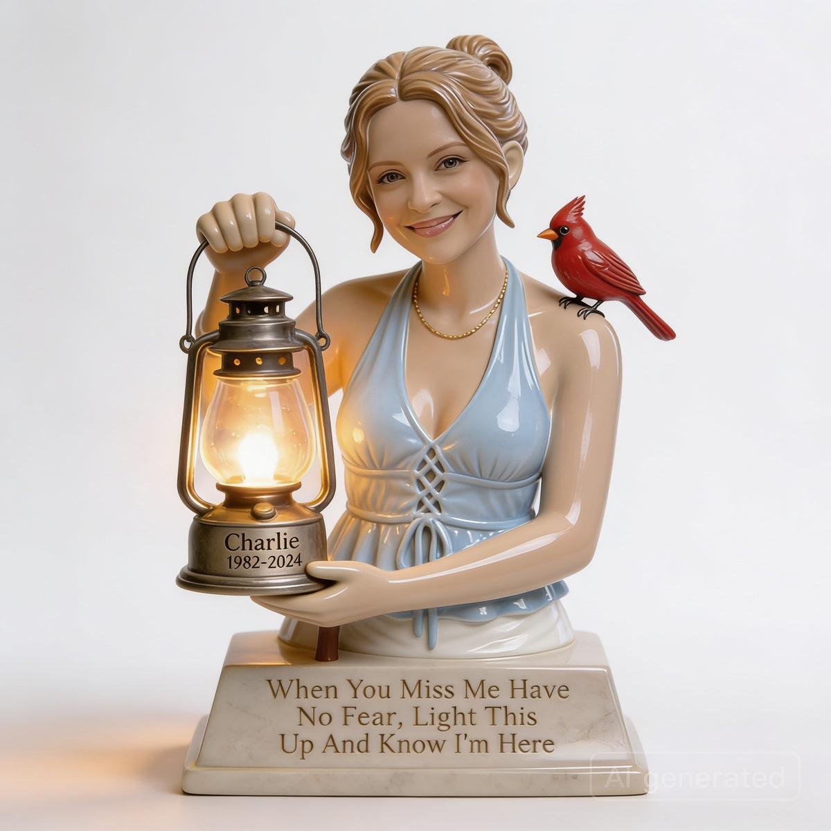 Personalized Woman with Red Cardinal Memorial LED Night Light Statue